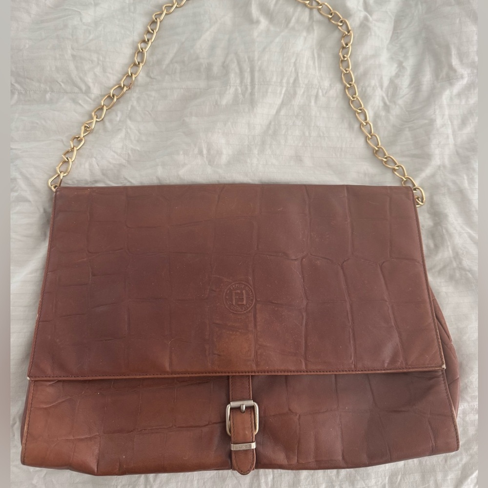 Croc-Embossed Shoulder Bag with Gold Chain